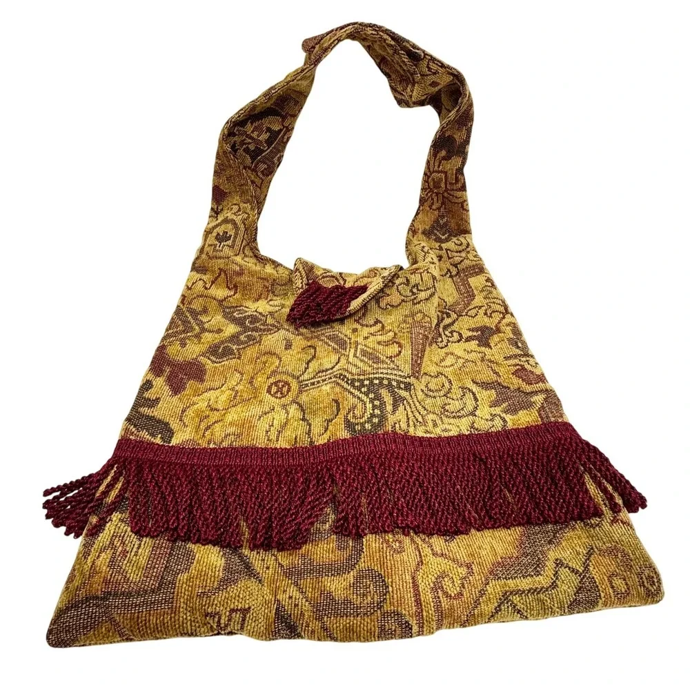 Handmade Bohemian Tapestry Shoulder Bag Red Fringe Tassel Boho Festival - Picture 11 of 11